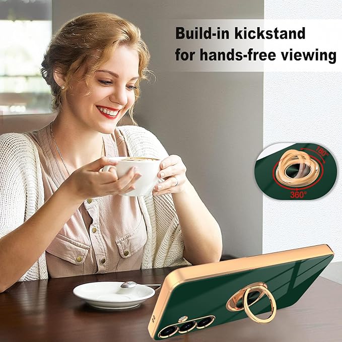 Dinick Green for Samsung Galaxy S24+ Case with Ring Holder Kickstand [with Magnetic] Soft TPU Bumper, Glitter Gold Electroplated Cover Slim Thin Protective Phone Case for Galaxy S24 Plus