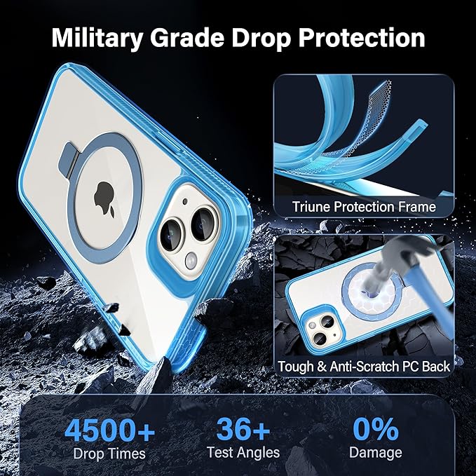 Magnetic Case for iPhone 13/14 - [Built-in Invisible Stand] [Compatible with MagSafe] [Military Grade Drop Protection] Anti-Yellowing Hard Back Silicone Edge Cover, 6.1", Clear Blue