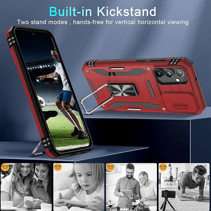 DEERLAMN Case for Samsung Galaxy S24+ Plus with Slide Camera Cover+Screen Protector (1 Pack), Rotated Ring Kickstand Military Grade Shockproof Protective Cover-Red
