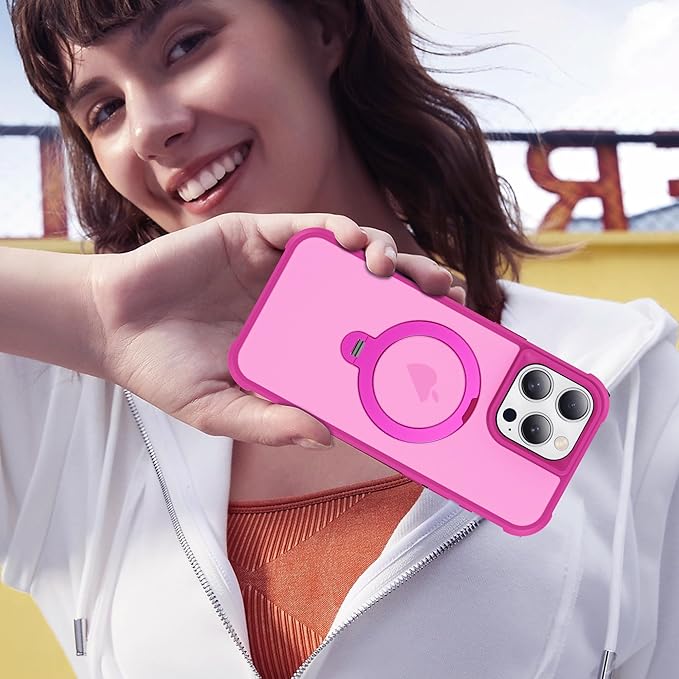 Compatible with iPhone 15 Pro Case with Invisible Magnetic 360°Spin Stand,Military-Grade Shockproof Protection [Compatible with Mag-Safe] Non-Slip Edge Translucent Case (6.1",Hot Pink)