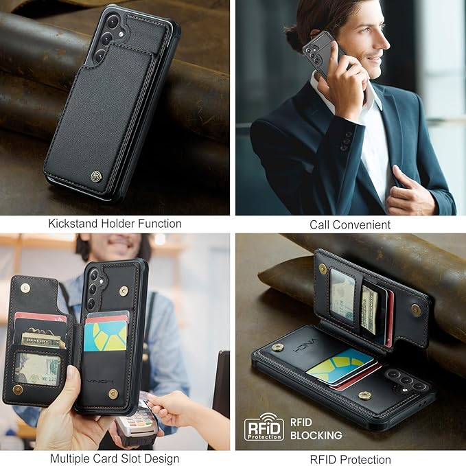 Vinich for Samsung Galaxy S24 FE Wallet Case with Card Holder, RFID Blocking Credit Slots Kickstand Shockproof Phone Cover for Women Men, Black
