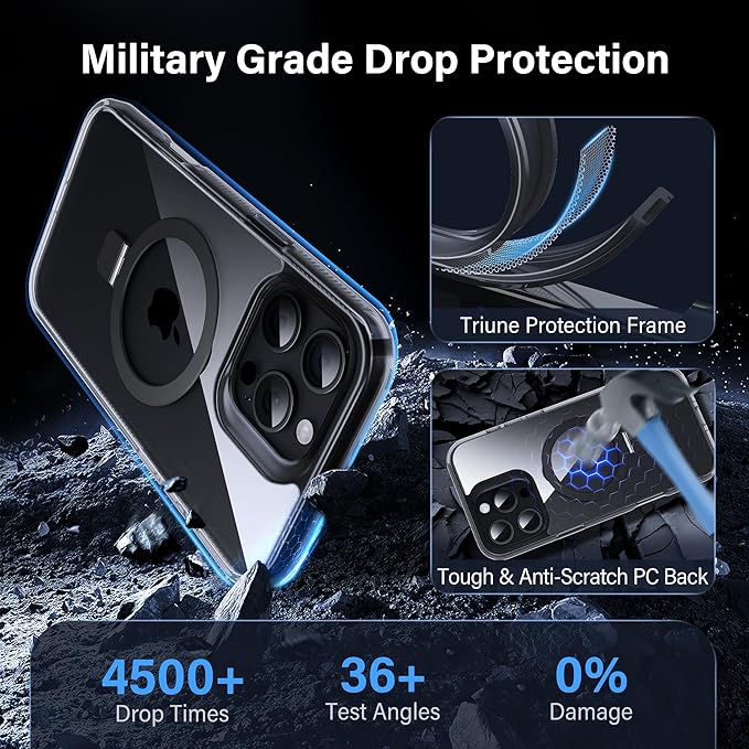 Magnetic Case for iPhone 16 Pro - [Built-in Invisible Stand] [Compatible with MagSafe] [Military Grade Drop Protection] Anti-Yellowing Hard Back Silicone Edge Cover, 6.3", Clear Black