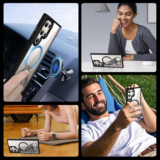 for Samsung Galaxy S24 Ultra Case Clear with Ring Holder,Kickstand 360°Rotatable Invisible Magnetic Built-in Stand [Compatible with MagSafe] [Drop Protection] Slim Soft Edge Cover,Black