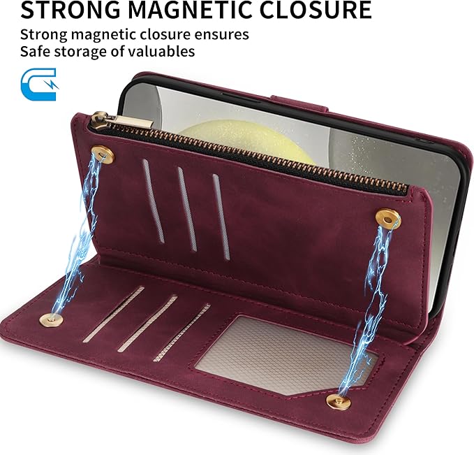 ZZXX for Samsung Galaxy S24 Wallet Case with RFID Blocking Card Slot PU Leather Zipper Flip Folio with Strap Kickstand Protective Cover for Samsung Galaxy S24 Case Wallet(Wine Red-6.2 inch)