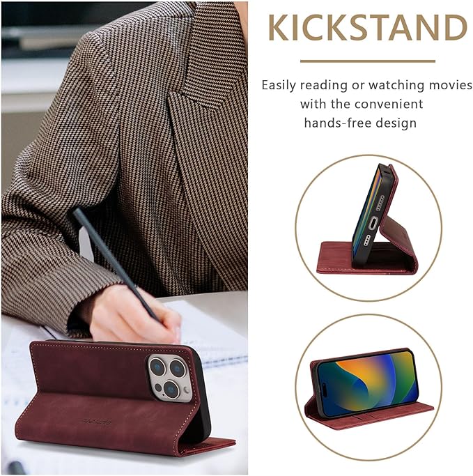 QLTYPRI for iPhone 16 Pro Max Case Wallet with Card Holder, Vintage PU Leather Kickstand Magnetic Closure Shockproof Folio Book Cover Case for iPhone 16 Pro Max - Retro Wine Red