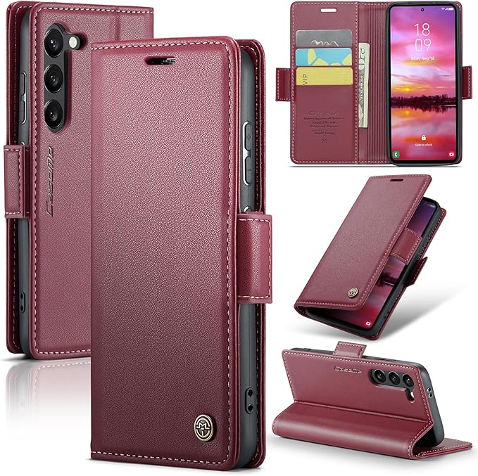 AUPAI for Samsung Galaxy S23 Plus Wallet Case with Credit Card Holder, PU Leather RFID Blocking Folio Flip Kickstand Magnetic Clasp Protective Phone Cover for Women Men Wine Red