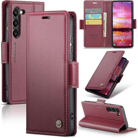AUPAI for Samsung Galaxy S23 Wallet Case with Credit Card Holder, PU Leather RFID Blocking Folio Flip Kickstand Magnetic Clasp Protective Phone Cover for Women Men Wine Red
