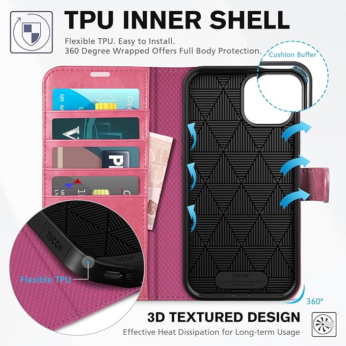 TUCCH Wallet Case for iPhone 14 6.1", Flip PU Leather Magnetic Protective Cover with [RFID Blocking] [4 Card Slots] Stand [TPU Interior Case] Compatible with iPhone 14 6.1, Hot Pink