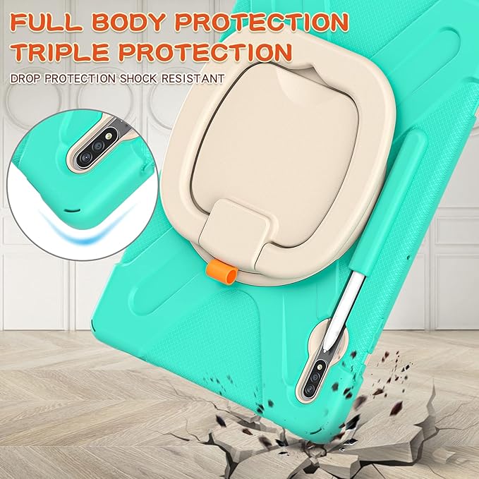 360 Rotation Portable Case for Galaxy Tab S8+/S7 FE/S7+ 12.4 Inch Case with S Pen Holder Rugged Case Rotating Stand Hand Strap Shoulder Carrying Strap Outdoor Cover (MintGreen)