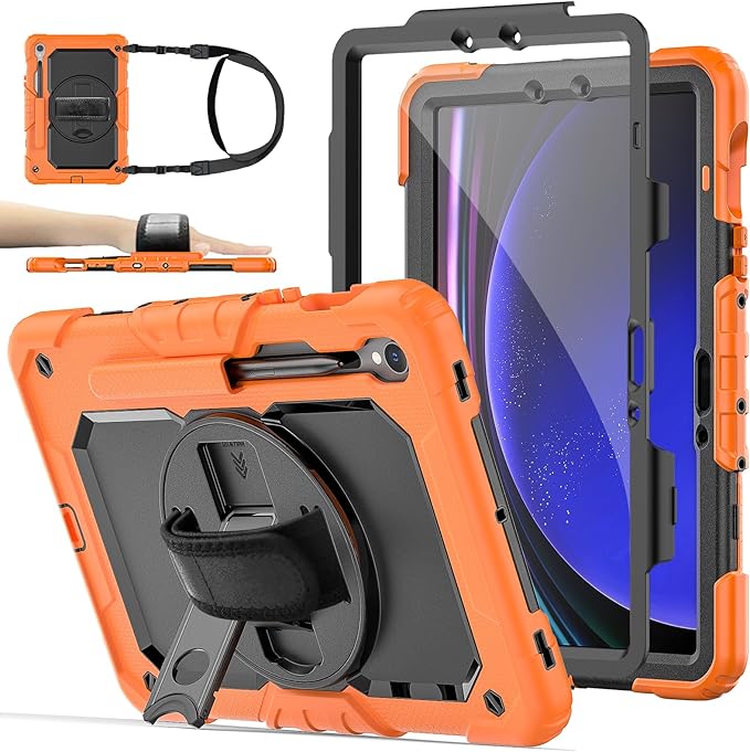 Case for Samsung Galaxy Tab S10 Lite/ S10 FE / S9 FE 10.9 Inch / S9 11'' 5G Protective with Screen Protector/Pen Holder/Hand Strap, Heavy Duty Shockproof Tablet Cover for S10 Lite, Orange