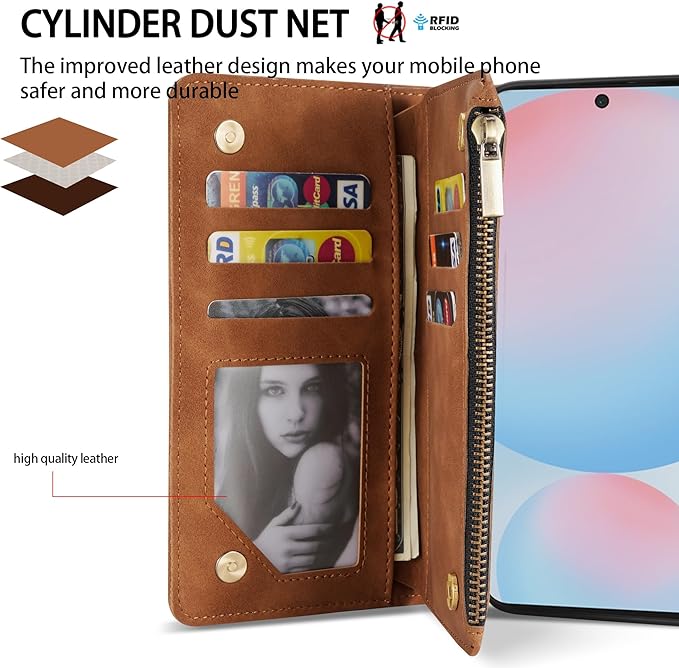 ZZXX for Samsung Galaxy S24 FE Wallet Case with RFID Blocking Card Slot PU Leather Zipper Flip Folio with Strap Kickstand Protective Cover for Samsung Galaxy S24 FE Case Wallet(Brown-6.7 inch)