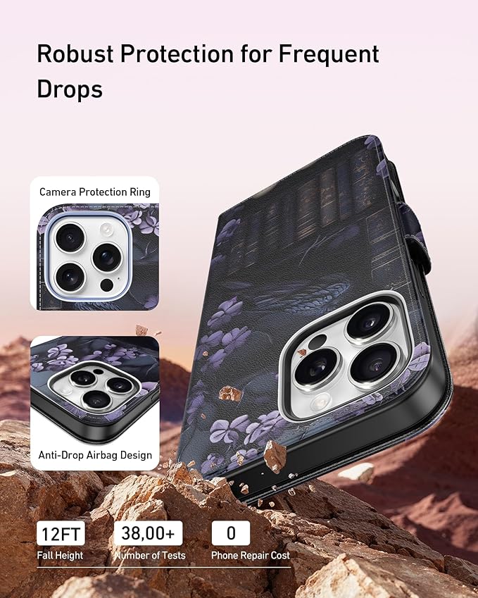 DEENAKIN for iPhone 15 Pro Max Wallet Case with Card Holder + Cash Clip, RFID-Blocking, Military-Grade Drop Protection, Magnetic Closure with Leather Kickstand - Purple Floral & Raven