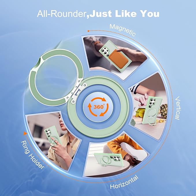 Compatible with Samsung Galaxy S24 Ultra Case with 360Rotatable Magnetic Ring Stand Compatible with Mag-Safe Military Protection Matte Translucent Phone Cases for S24 Ultra 6.8",Green