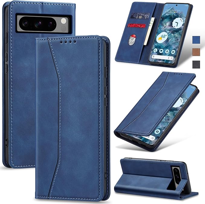 Jasonyu Flip Wallet Case for Google Pixel 8 Pro,Leather Magnetic Folio Cover with Card Holder,Kickstand - TPU Shockproof Durable Protective Phone Case,Blue