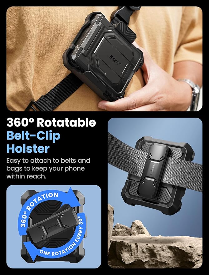 i-Blason for Samsung Galaxy Z Flip 7 Case with Stand, [Tempered Glass Screen Protector] [Hinge Protection] [Belt-Clip], Full-Body Military Protection Phone Case for Samsung Z Flip 7, Armorbox, Black