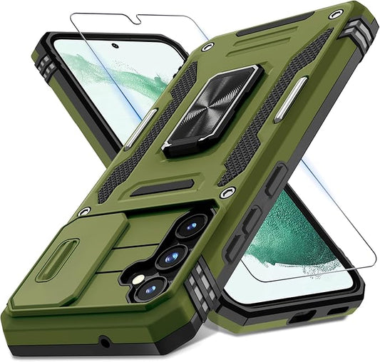 DEERLAMN Case for Samsung Galaxy S23 FE 6.4-Inch with Slide Camera Cover+Screen Protector(1 Pack),Rotated Ring Kickstand Military Grade Shockproof Protective Cover-Olive Green