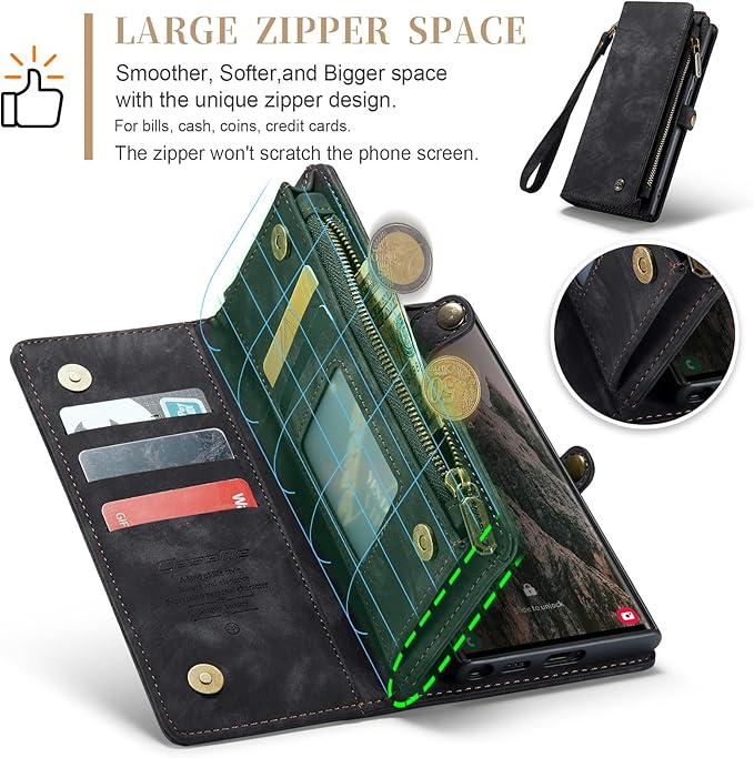 SZHAIYU 2 in 1 Detachable for Samsung Galaxy S24 Ultra Wallet Case with Card Holder, Retro Premium Flip Leather Cover Magnetic Zipper Pocket Phone Cases 6.8'' (Black, S24 Ultra)