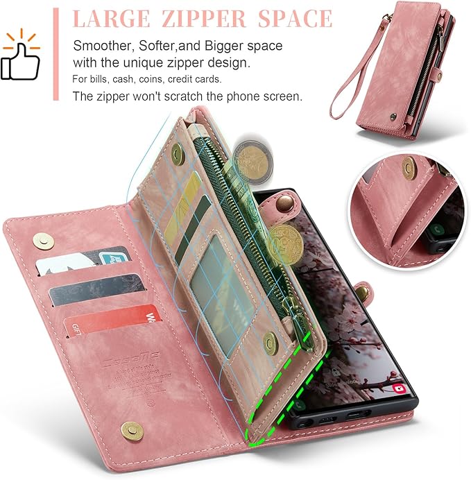 SZHAIYU 2 in 1 Detachable for Samsung Galaxy S24 Ultra Wallet Case with Card Holder, Retro Premium Flip Leather Cover Magnetic Zipper Pocket Phone Cases 6.8'' (Pink, S24 Ultra)