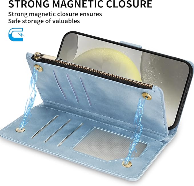 ZZXX for Samsung Galaxy S24 Wallet Case with RFID Blocking Card Slot PU Leather Zipper Flip Folio with Strap Kickstand Protective Cover for Samsung Galaxy S24 Case Wallet(Light Blue-6.2 inch)