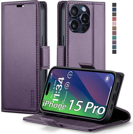 japezop iPhone 15 Pro 5G Wallet Case with [RFID Blocking],Card Holder Kickstand Magnetic,Leather Flip Case Wallet for iPhone 15 Pro 5G 6.1 Inch (Fashion Purple)