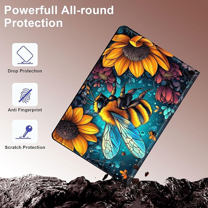 Case for Samsung Galaxy Tab S10 FE/ S9 FE 5G 10.9 Inch/Tab S9 11 Inch, Slim PU Leather Stand Cover with Auto Wake/Sleep, Multi-Angle Viewing & Shockproof, Colorful Bee