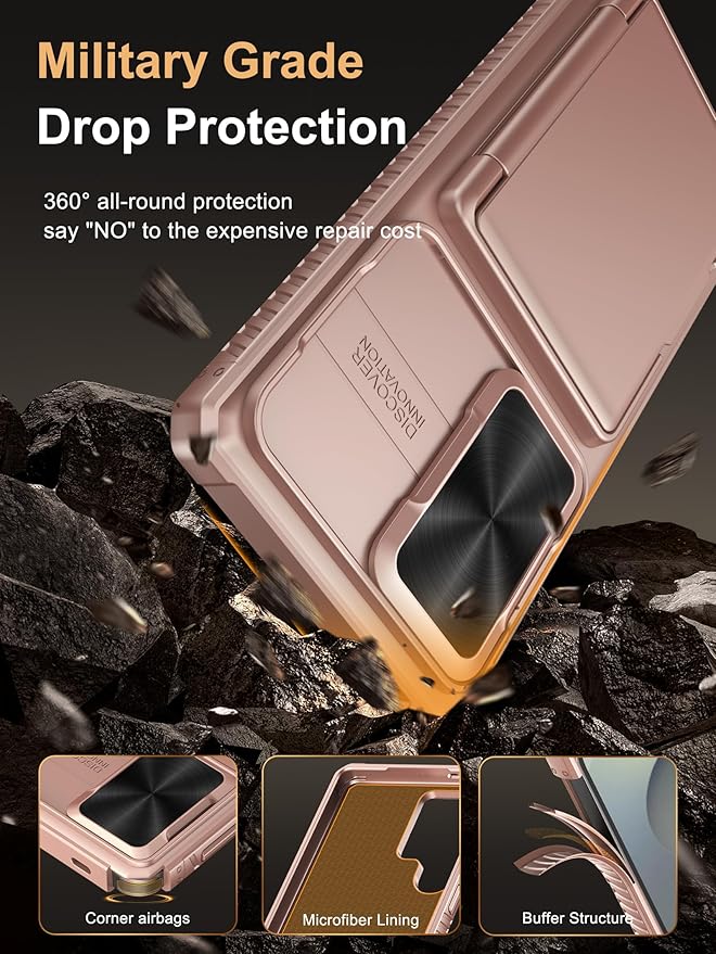 Vihibii for Samsung Galaxy S25 Ultra Case with Card Holder (4 Cards), [RFID Blocking] & Slide Camera Cover, Military Grade Drop Protection, Rugged Wallet Cover for Samsung Galaxy S25 Ultra, Rose Gold