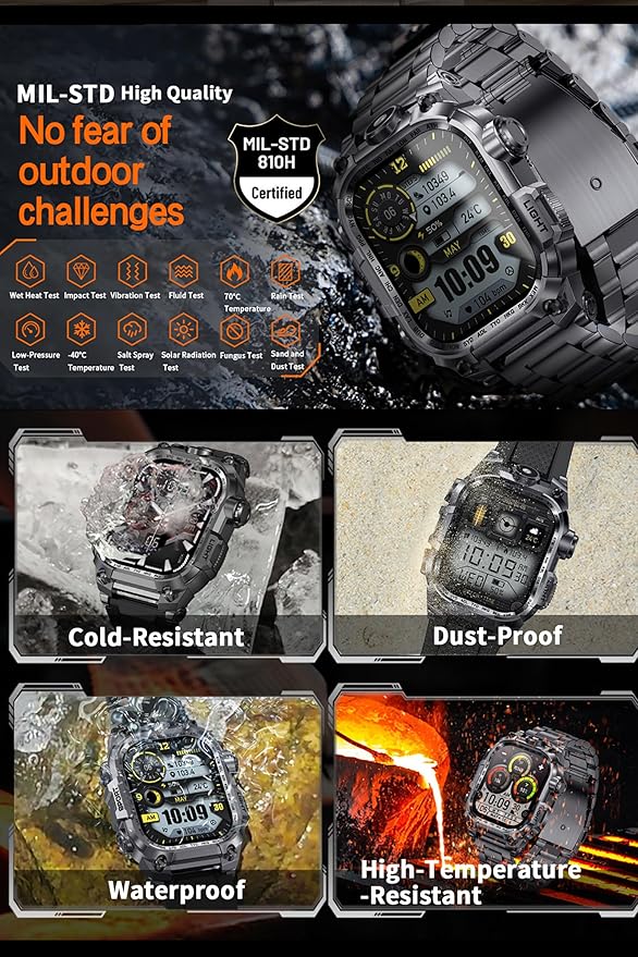 Tough Smart Watch for Working Men with Flashlight, 2.01" HD Ultra Large Rugged Smartwatch Bluetooth Call/Heart Rate/Sleep Monitor Hiking Camping Fitness Track Watches