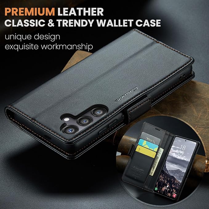 AUPAI for Samsung Galaxy S24 Plus Wallet Case with Credit Card Holder, PU Leather RFID Blocking Folio Flip Kickstand Magnetic Clasp Protective Phone case for Women Men Black