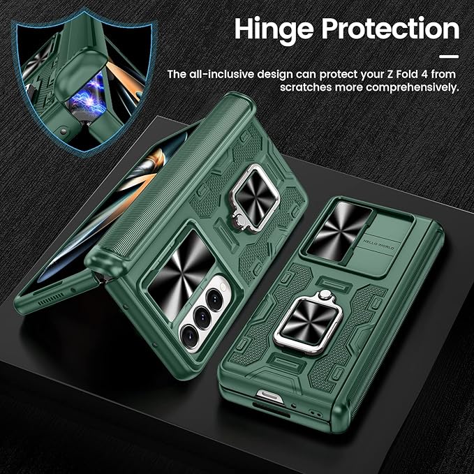 VEGO for Galaxy Z Fold 4 Case with Belt Clip Holster, 360°Ring Magnetic Kickstand & Camera Cover & Front Screen Protector, Hinge Protection Shockproof Armor Cover - Green