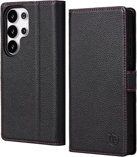 Case for Galaxy S25 Ultra 6.9"-Genuine Leather Folio Wallet Case with Kickstand RFID Blocking Card Holder Magnetic Protective Phone Cover Compatible with Galaxy S25 Ultra 2025 (Black)