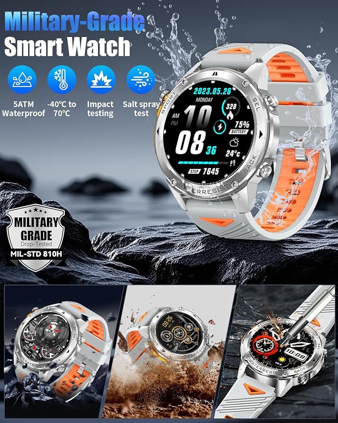 Military Smart Watch for Men with GPS, 1.43" AMOLED Smart Watch with Bluetooth Call, 5ATM Waterproof, 170+ Sports Modes, 500mAh Heart Rate/Sleep/SpO2 Monitor, Fitness Tracker for Android iOS