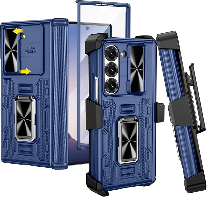 VEGO for Galaxy Z Fold 6 Case with Kickstand, Hinge Protection & Belt Clip Holster & Front Screen Protector & Slide Camera Cover Magnetic Kickstand Case for Samsung Galaxy Z Fold 6 5G - Blue