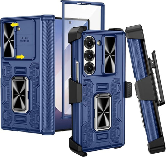 VEGO for Galaxy Z Fold 6 Case with Kickstand, Hinge Protection & Belt Clip Holster & Front Screen Protector & Slide Camera Cover Magnetic Kickstand Case for Samsung Galaxy Z Fold 6 5G - Blue