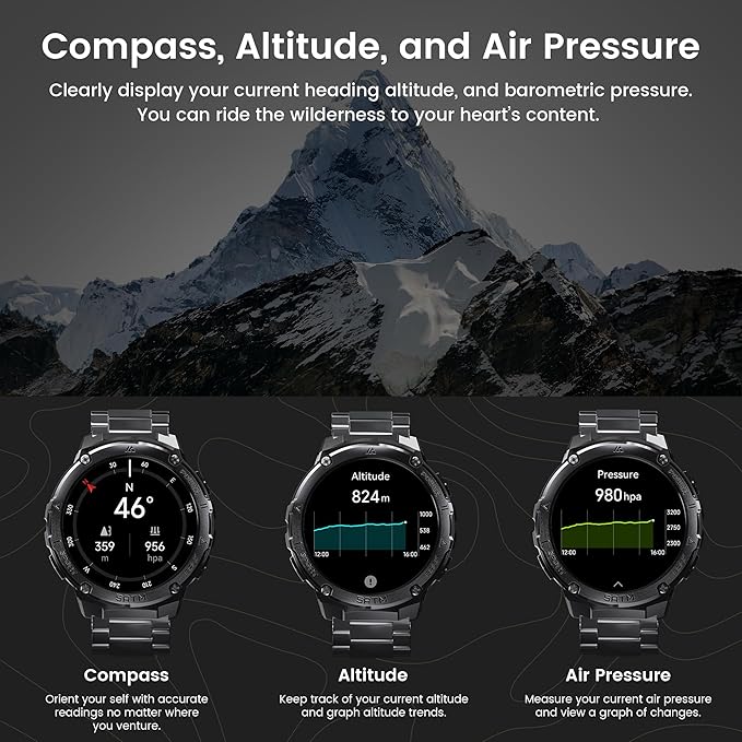 Smart Watches for Men GPS, Pressure,Altitude,Compass, 480mAh Large Battery, 50M Waterproof, Full Metal Body Smartwatch, Bluetooth Calling, 24/7 Health Monitoring, for Android & iOS(2 Bands)