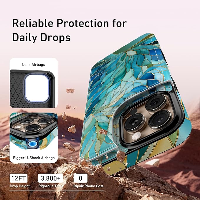 FUNMIKO for iPhone 16 Pro Wallet Case with Card Holder, RFID-Blocking, Military-Grade Protection & UV-Printed Artwork, Magnetic Closure with Leather Kickstand - Sleek Cyan Leaf