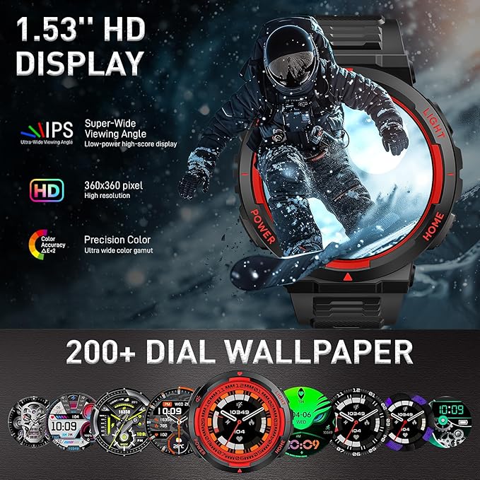 Military Smart Watches for Men (Answer/Make Calls) with LED Flashlight 3ATM Waterproof Smartwatch with 100+ Sports Modes 1.53" Fitness Tracker with Heart Rate Monitor for iPhone Android