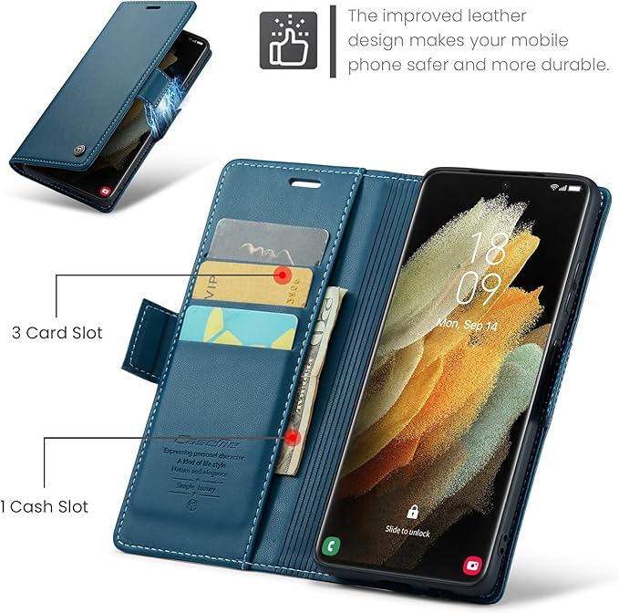 AUPAI for Samsung Galaxy S21 Ultra Wallet Case with Credit Card Holder, PU Leather RFID Blocking Folio Flip Kickstand Magnetic Clasp Protective Phone Cover for Women Men Blue