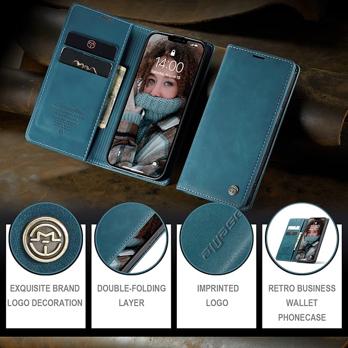 for iPhone 13 Case, Flip Wallet Leather Case with Card Holder Magnetic Closure Shockproof Kickstand Protective Phone Cases Cover for iPhone 13, Blue-Green