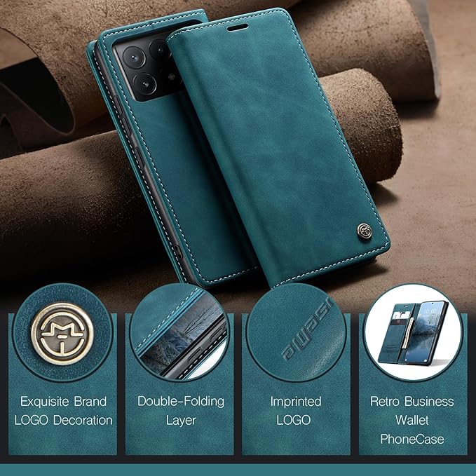 for Xiaomi Poco X6 Pro 5G Case, Flip Wallet Leather Case with Card Holder Magnetic Closure Shockproof Kickstand Protective Phone Cases Cover for Xiaomi Poco X6 Pro 5G,Blue-Green
