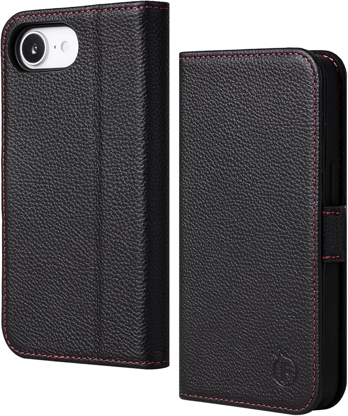 Case for iPhone 16e 6.1", Genuine Leather Wallet Magnetic Cover RFID Blocking Card Slot Kickstand Shock-Absorbent TPU Phone Holder Case Compatible with iPhone 16e 2025 5G (Black)