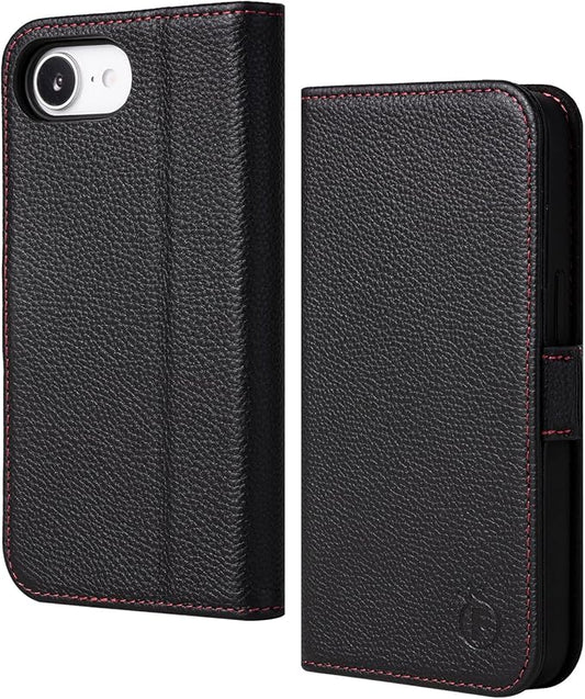 Case for iPhone 16e 6.1", Genuine Leather Wallet Magnetic Cover RFID Blocking Card Slot Kickstand Shock-Absorbent TPU Phone Holder Case Compatible with iPhone 16e 2025 5G (Black)