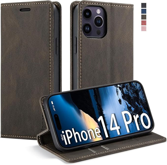 japezop Compatible with iPhone 14 Pro Wallet Case with [RFID Blocking] Credit Card Slots Folio Magnetic Stand,Leather Flip Case Wallet for iPhone 14 Pro 5G 6.1 Inch (Coffee)