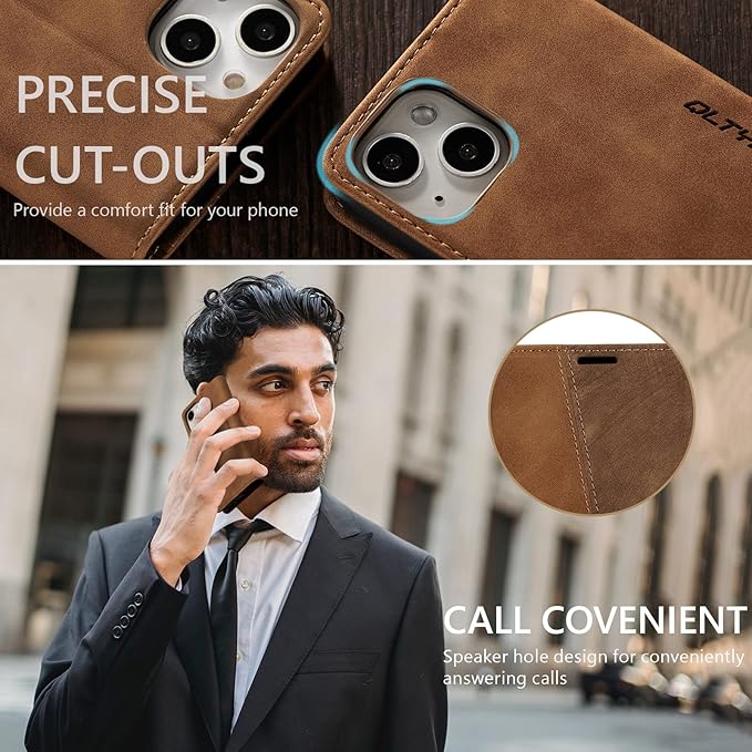 QLTYPRI Case for iPhone 14, Vintage PU Leather Wallet Case Card Slot Kickstand Magnetic Closure Shockproof Flip Folio Book Case Cover for iPhone 14(6.1 inch) - Retro Brown