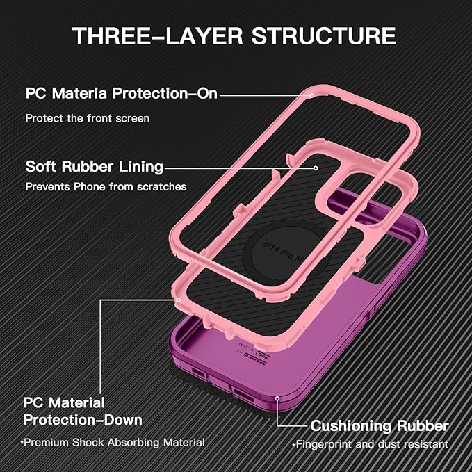 for iPhone 14 Pro Max Case [Compatible with MagSafe] Shockproof 3-Layer Full Body Protection Rugged Heavy Duty Cover Case for Apple iPhone 14 Pro Max 6.7",Purple/Pink
