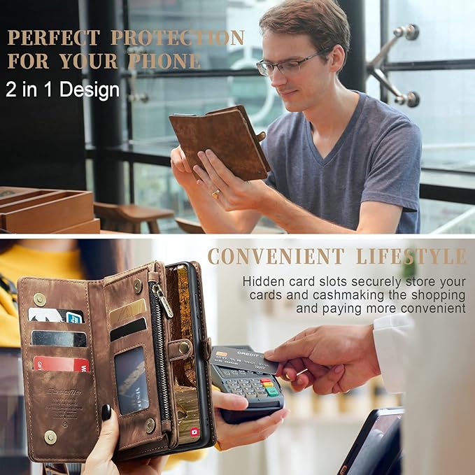 SZHAIYU 2 in 1 Detachable for Samsung Galaxy S23+ / S23 Plus Wallet Case with Card Holder, Retro Premium Flip Leather Cover Magnetic Zipper Pocket Phone Cases 6.6'' (Coffee,S23+/S23 Plus)