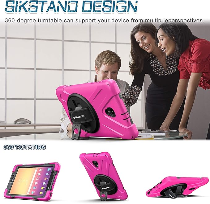 BRAECNstock Samsung Galaxy Tab A 8.0 2017 Case,Shockproof Protective SM-T380 Tablet Kids Case with 360° Rotating Hand Strap&Stand,Shoulder Strap for Galaxy Tab A 2017 Case SM-T380/T385 Case,Rose Red