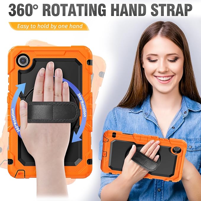 HXCASEAC Case for Lenovo Tab One/Tab K9 2025 (TB-305FU) 8.7 inch, with Screen Protector/Rotating Hand Strap/Sturdy Stand, Protective Cover for Lenovo one Tablet - Orange