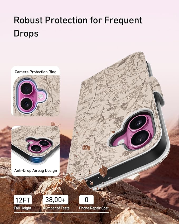 DEENAKIN for iPhone 16 Wallet Case with Card Holder + Cash Clip, RFID-Blocking, Military-Grade Drop Protection, Magnetic Closure with Leather Kickstand - Serene Foliage