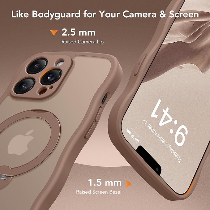 GolbinBox for iPhone 13 Pro Max Case for Women,[Compatible with Magsafe][360° Spin Magnetic Stand][Cute Wave Edge][Military-Grade Protection] Translucent Matte Phone Case for iPhone 13 ProMax, Brown