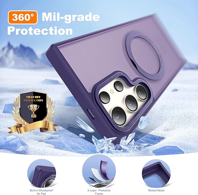Compatible with Samsung Galaxy S24 Ultra Case with 360Rotatable Magnetic Ring Stand Compatible with Mag-Safe Military Protection Matte Translucent Phone Cases for S24 Ultra 6.8",Dark Purple